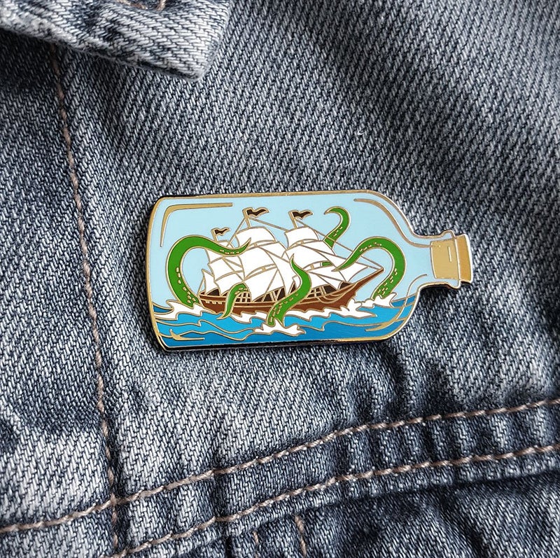 Pinsanity Ship In A Bottle Attacked by Sea Monster Enamel Lapel Pin - Image 3